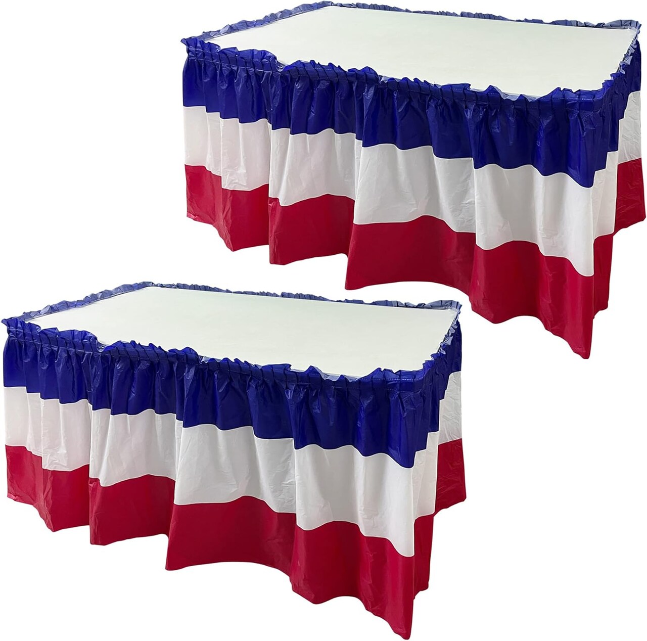 2 Pack Plastic Patriotic Table Skirts - 29in x 14ft 4th of July Table Skirt for Veterans Day Memorial Day Independence Day Decoration, Red White Blue (Red)